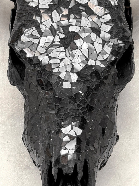 Black Glass Mosaic Cow Skull – Luxury Wall Art