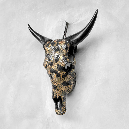 Black & Gold Glass Mosaic Cow Skull – Luxury Wall Art