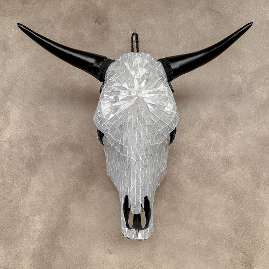 White Glass Mosaic Cow Skull – Luxury Wall Art