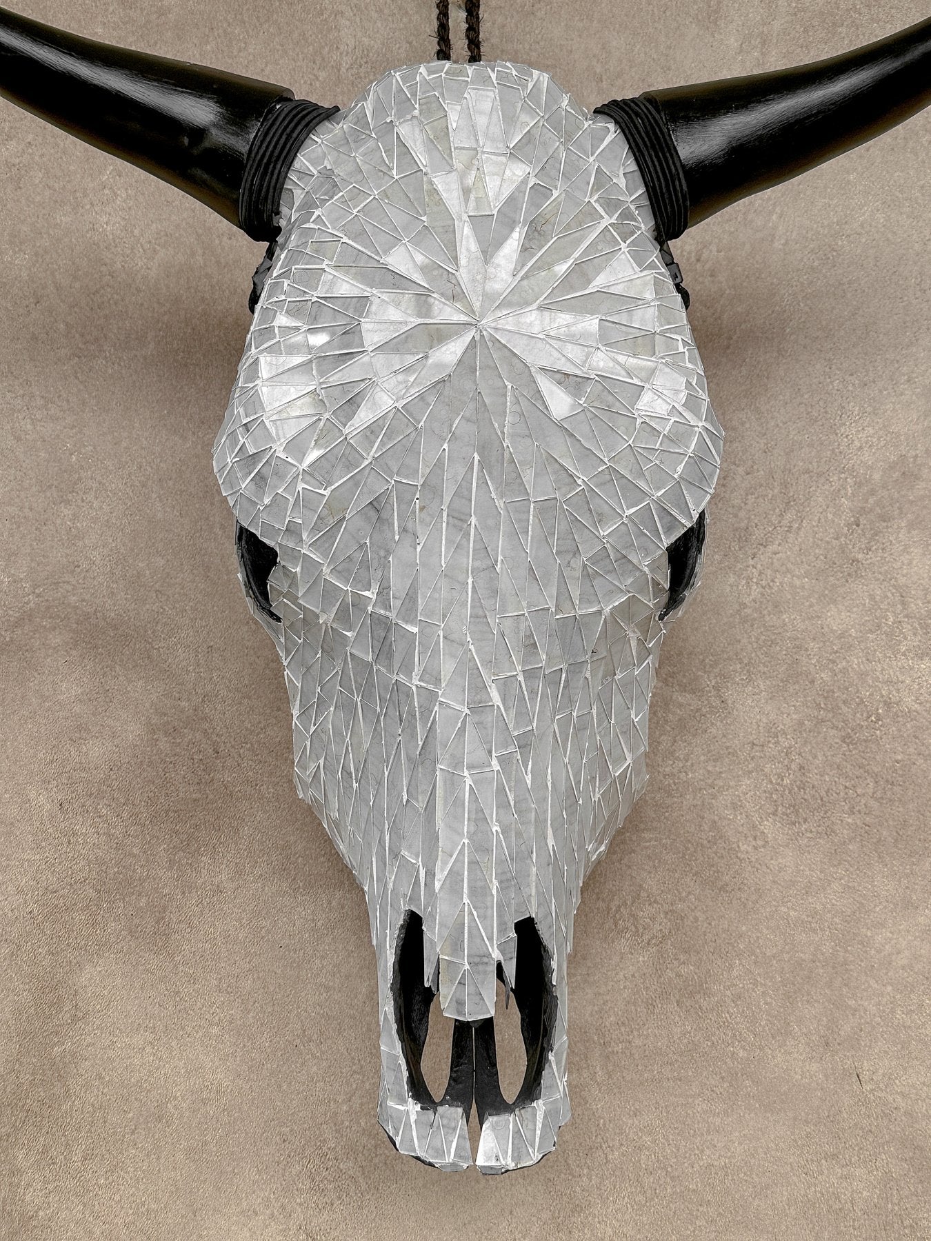 White Glass Mosaic Cow Skull – Luxury Wall Art