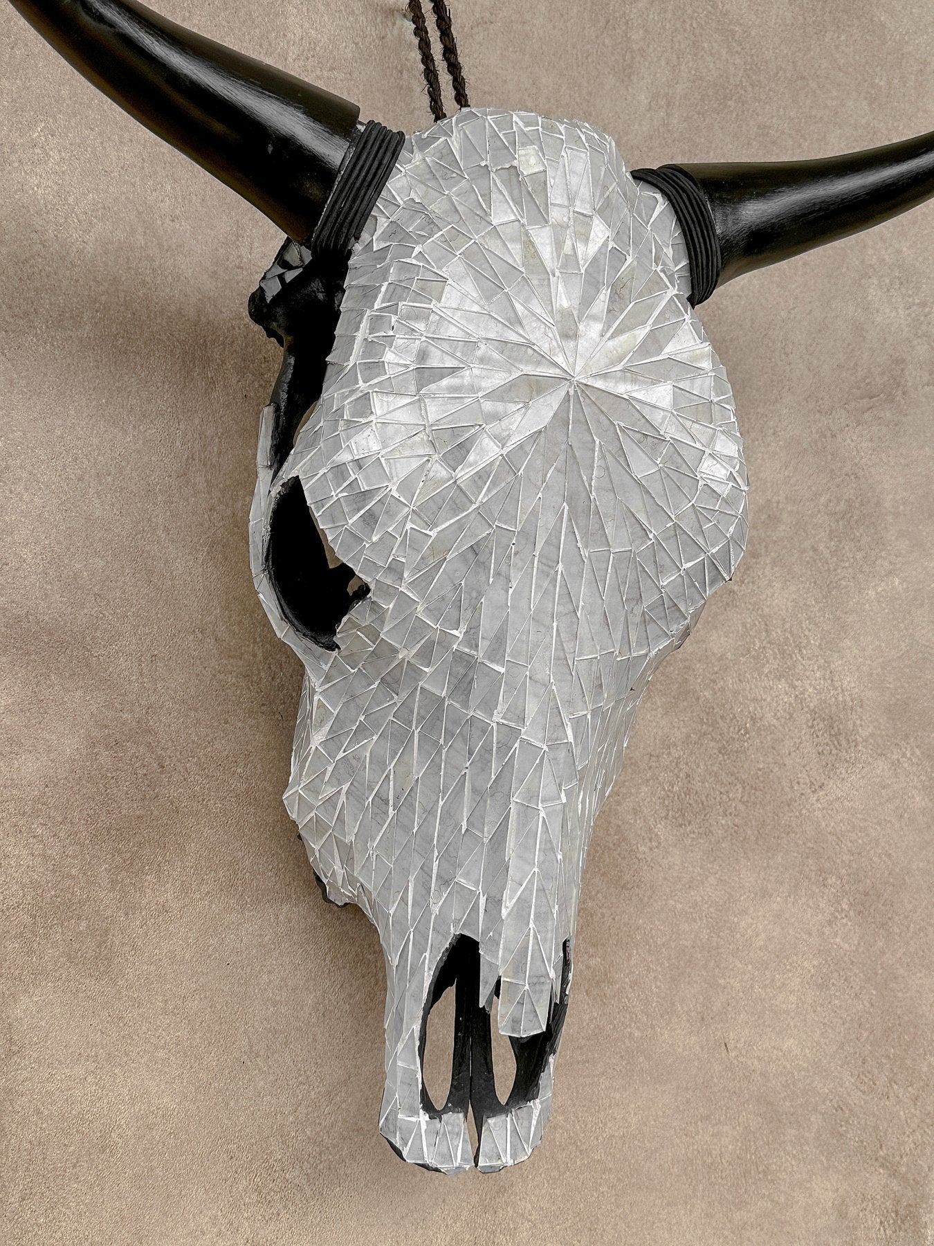 White Glass Mosaic Cow Skull – Luxury Wall Art