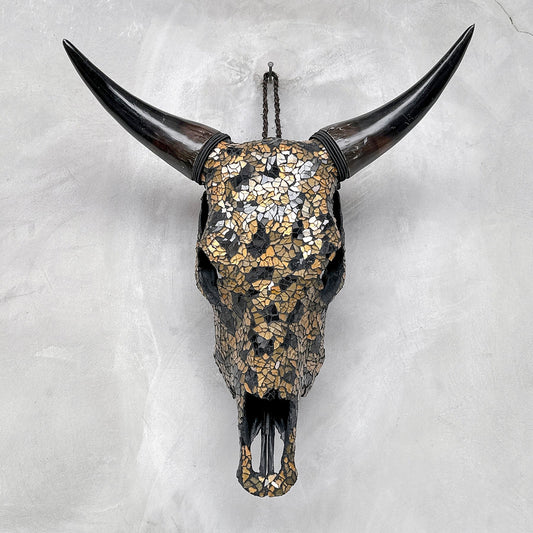 Black & Gold Glass Mosaic Cow Skull – Luxury Wall Art