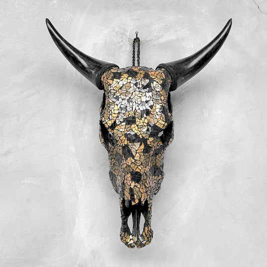 Black & Gold Glass Mosaic Cow Skull – Luxury Wall Art
