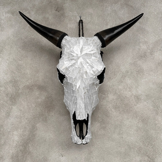 White Glass Mosaic Cow Skull – Luxury Wall Art