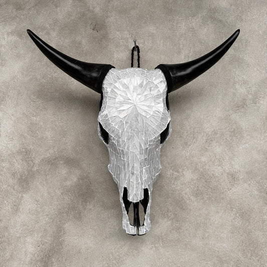 White Glass Mosaic Cow Skull – Luxury Wall Art